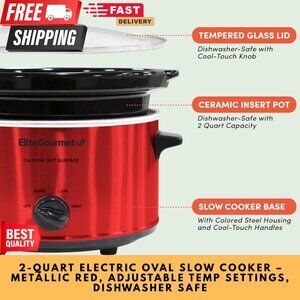 2-Quart Electric Oval Slow Cooker – Metallic Red, Adjustable Temp Settings, Dish